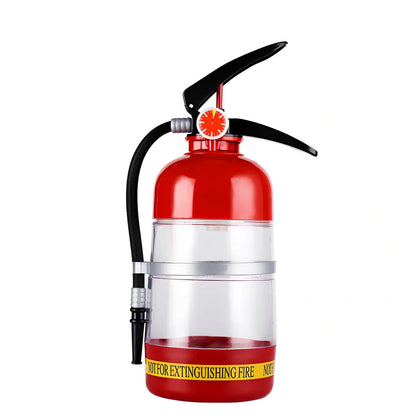 Red fire extinguisher-shaped beverage dispenser with hand-press mechanism and pouring hose