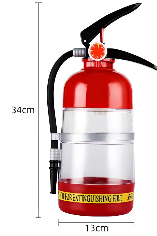 Red fire extinguisher-shaped beverage dispenser with hand-press mechanism and pouring hose