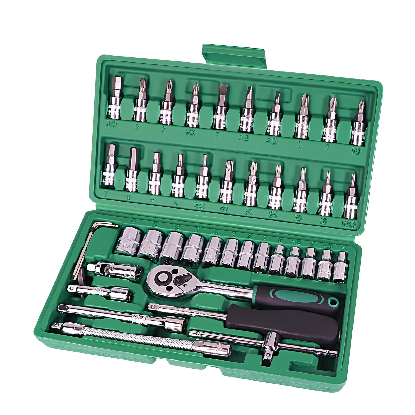 46-piece metric socket set in green storage box with alloy steel tools for automotive repairs
