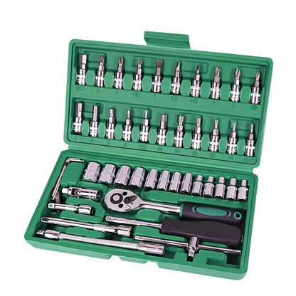 46-piece metric socket set in green storage box with alloy steel tools for automotive repairs