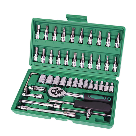 46-piece metric socket set in green storage box with alloy steel tools for automotive repairs