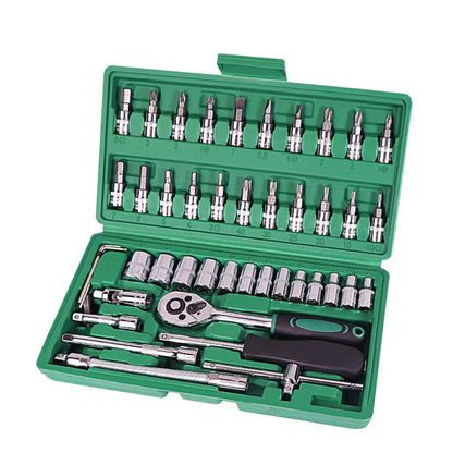 46-piece metric socket set with ratchet and torque wrench in green plastic storage box for car repairs