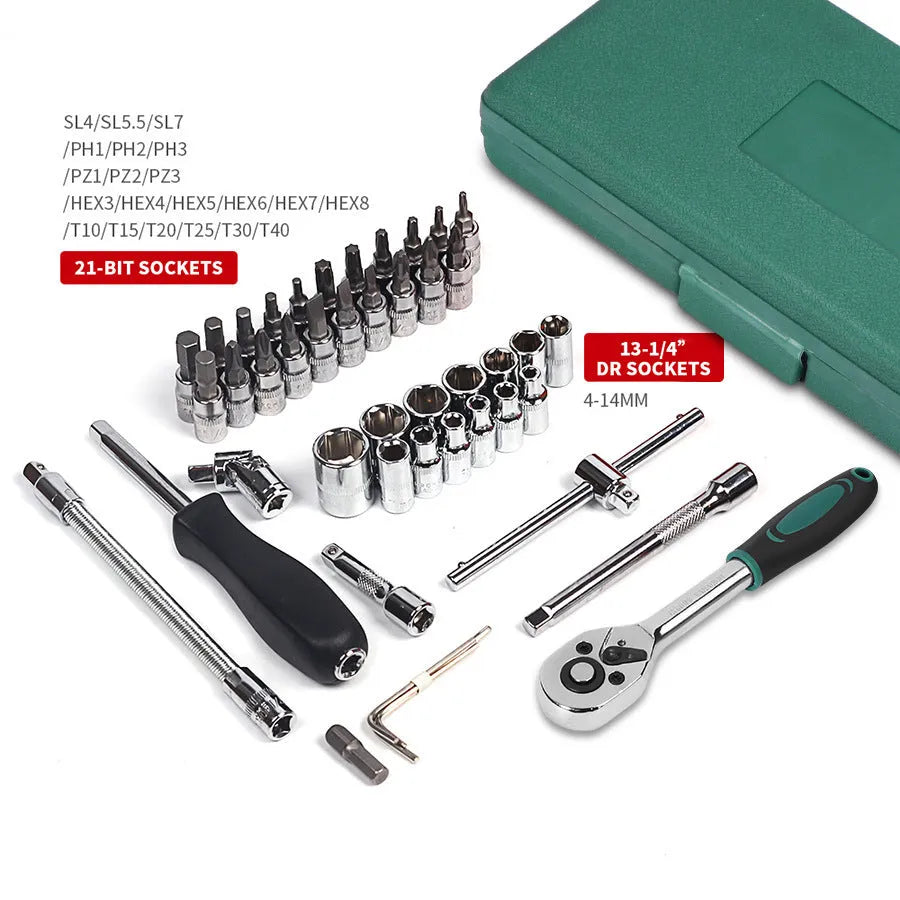 46-piece metric socket set with ratchet and torque wrench in green plastic storage box for car repairs