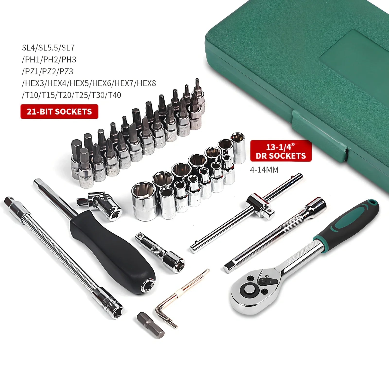 46-piece metric socket set in green storage box with alloy steel tools for automotive repairs