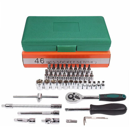 46-piece metric socket set with ratchet and torque wrench in green plastic storage box for car repairs