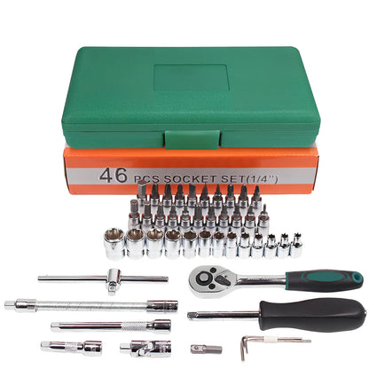 46-piece metric socket set in green storage box with alloy steel tools for automotive repairs
