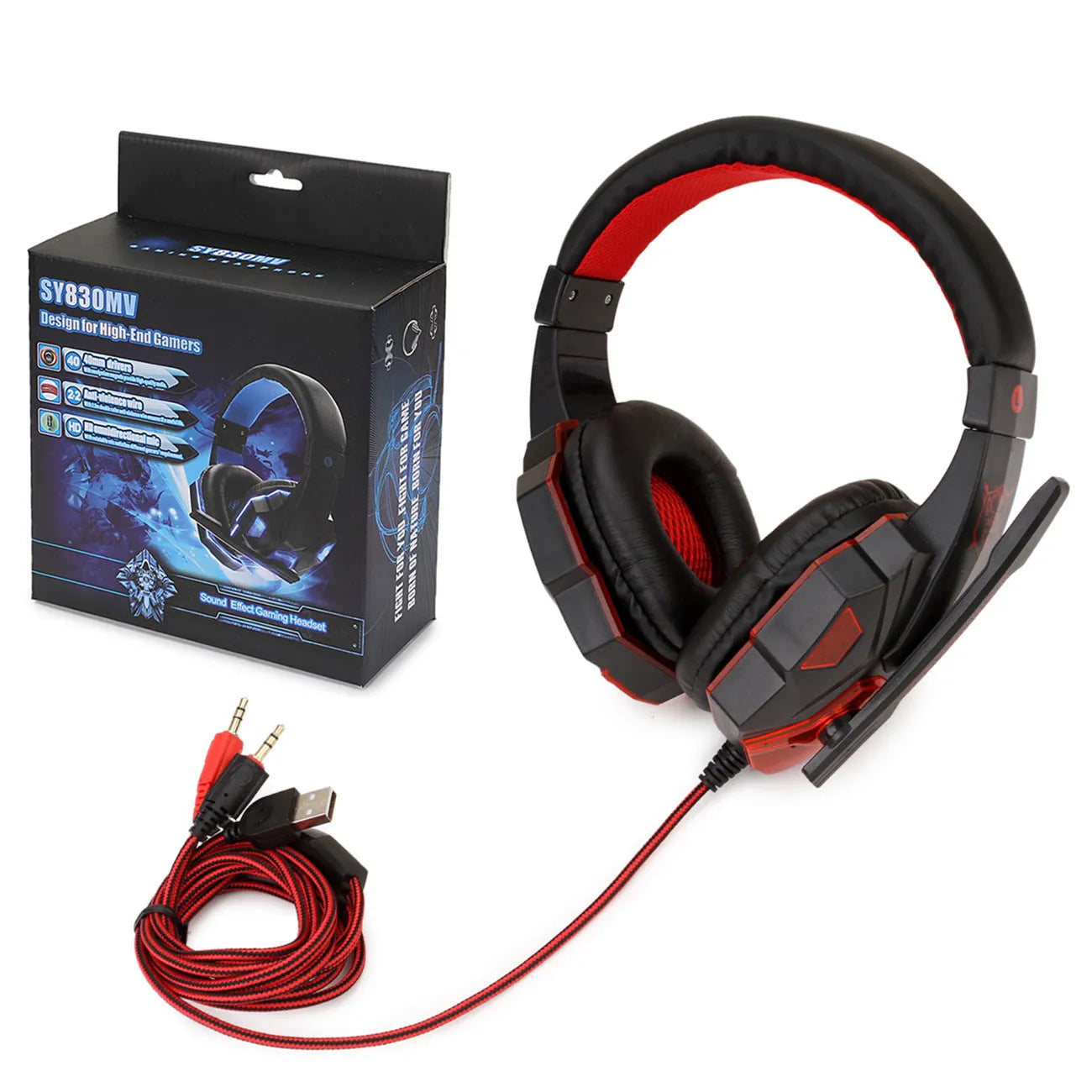 Wired gaming headset with LED lights, tanned leather ear cushions, and braided cable for PS4 and PC computer