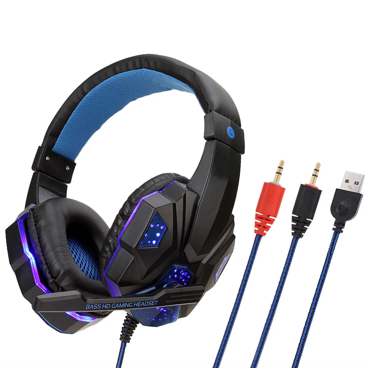 Wired gaming headset with LED lights, tanned leather ear cushions, and braided cable for PS4 and PC computer
