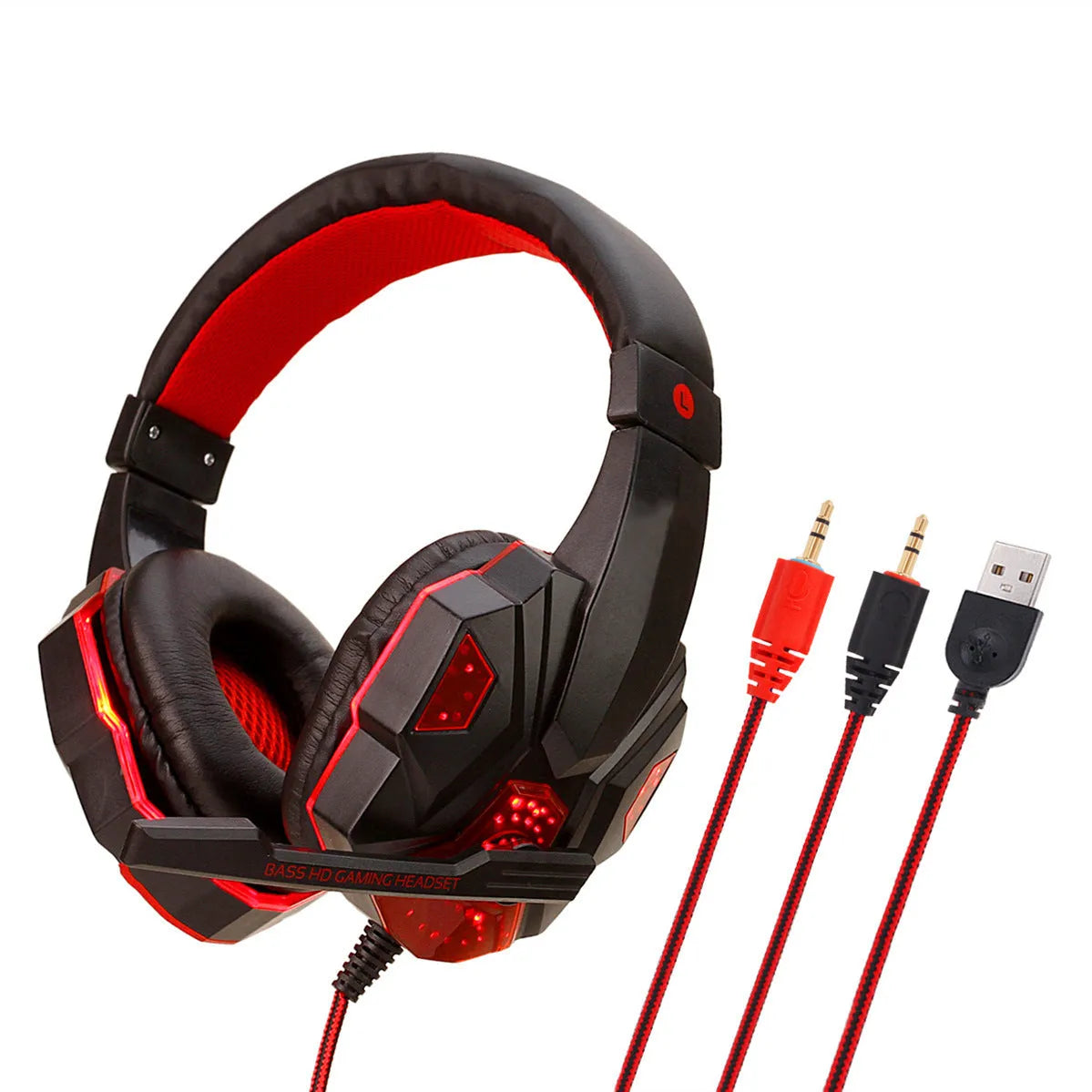 Wired gaming headset with LED lights, tanned leather ear cushions, and braided cable for PS4 and PC computer