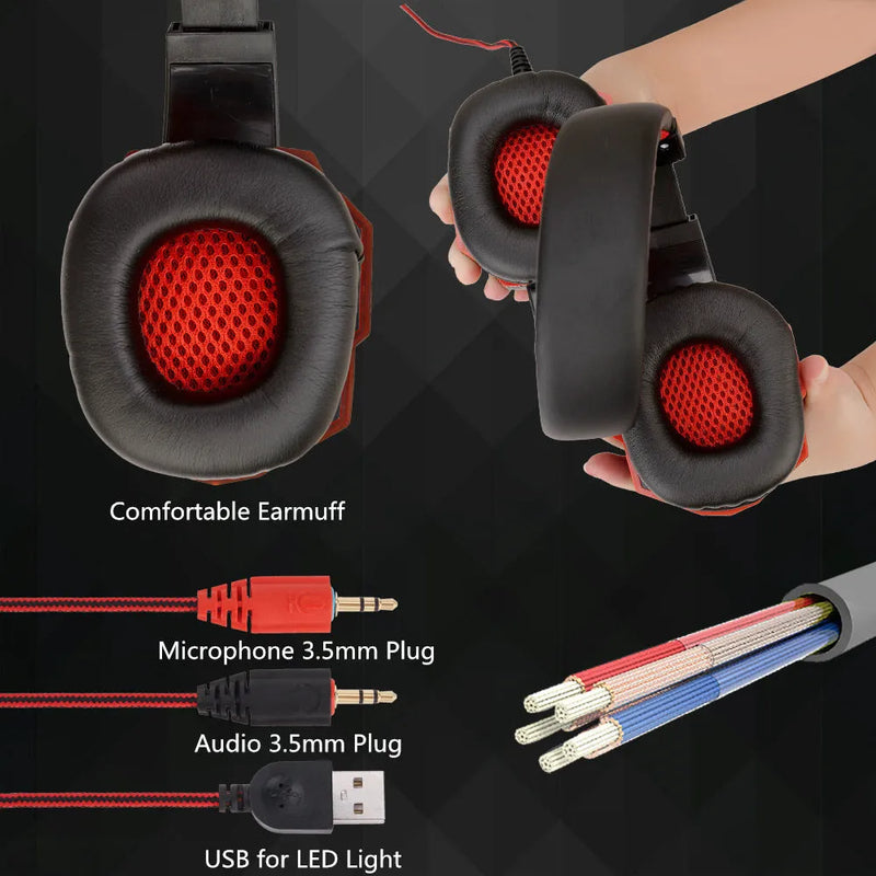 Wired computer gaming headset with LED light-up feature, 3.5mm plug compatibility for PS4 and PC, adjustable head-mounted design with tanned leather ear cushions and braided cable in black red, black blue, or white blue colour options
