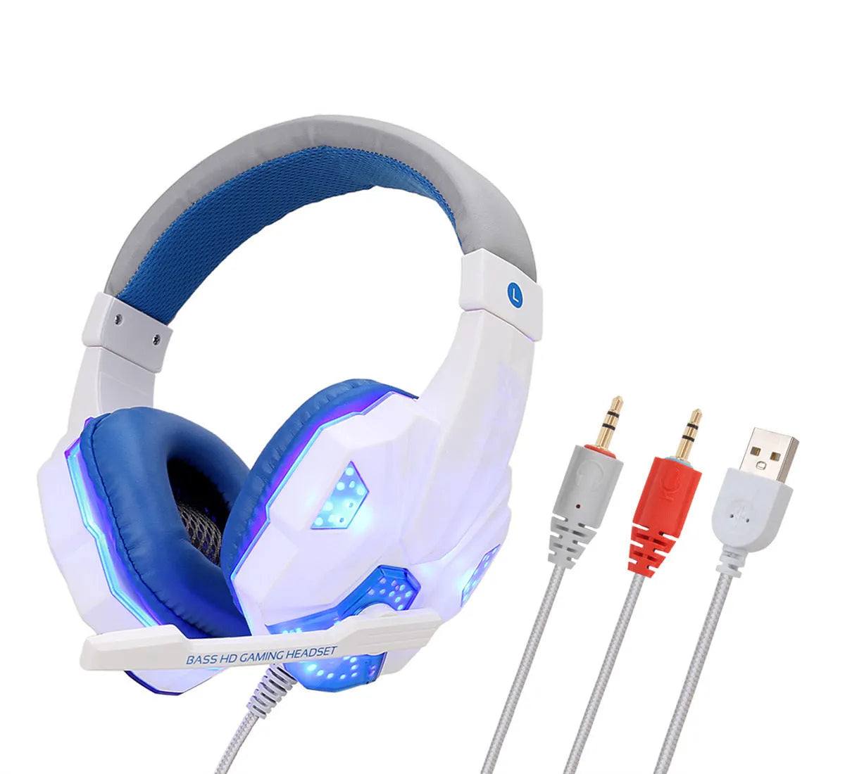 Wired gaming headset with LED lights, tanned leather ear cushions, and braided cable for PS4 and PC computer
