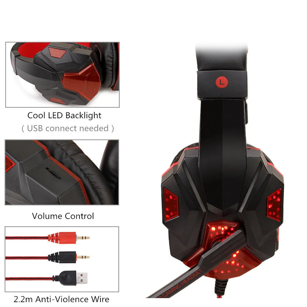 Wired gaming headset with LED lights, tanned leather ear cushions, and braided cable for PS4 and PC computer