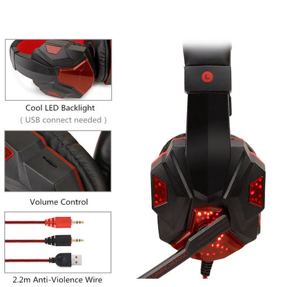 Wired gaming headset with LED lights, tanned leather ear cushions, and braided cable for PS4 and PC computer