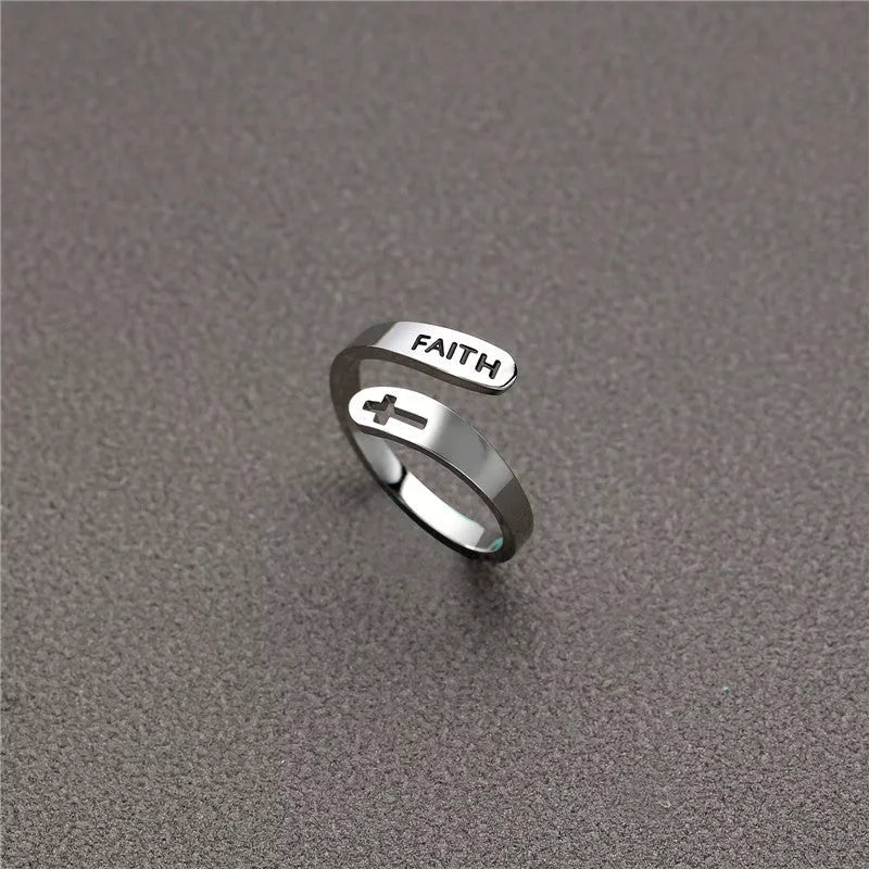 Hollow Cross Double Ring Stainless Steel Engraved Faith Simple Ring with durable design