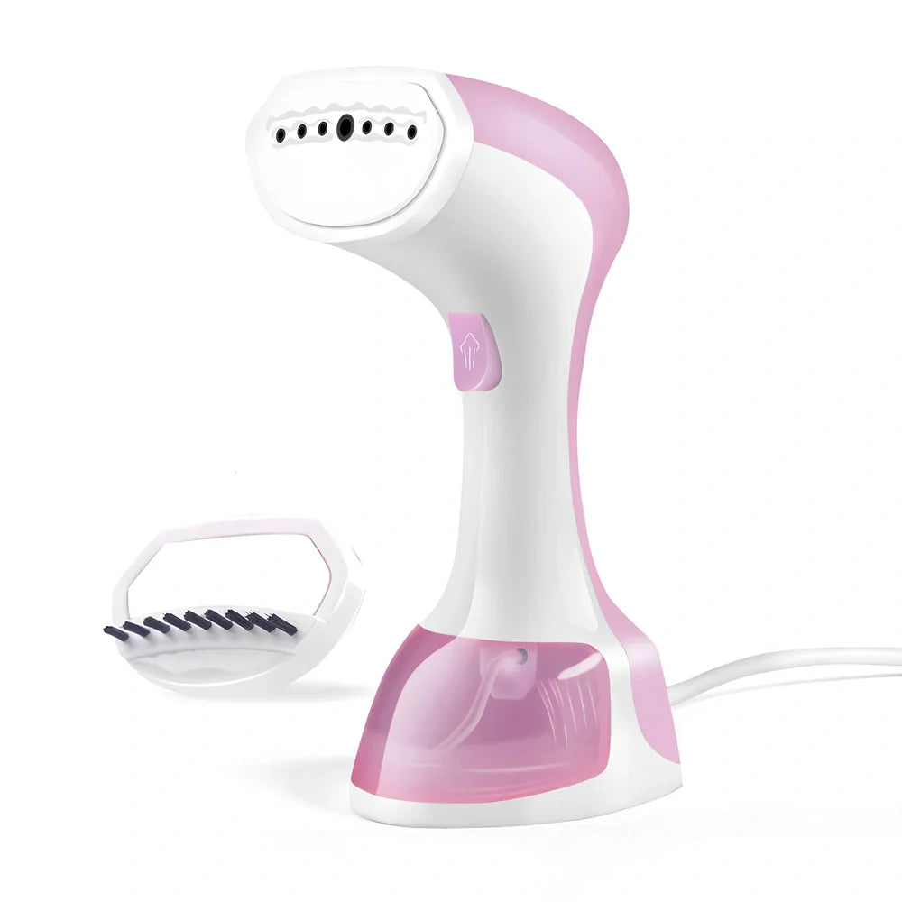 Pink and green portable garment steamer with brush attachment and 0.9-1.3L water tank capacity