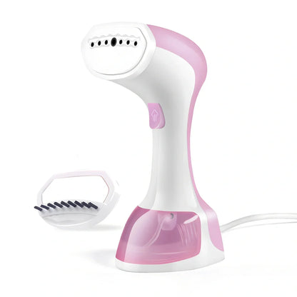 Pink and green portable garment steamer with brush attachment and 0.9-1.3L water tank capacity