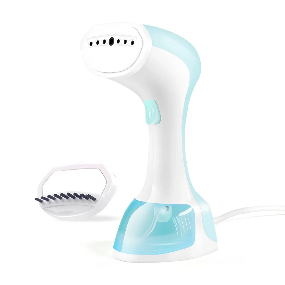 Pink and green portable garment steamer with brush attachment and 0.9-1.3L water tank capacity