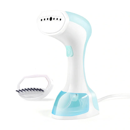 Pink and green portable garment steamer with brush attachment and 0.9-1.3L water tank capacity
