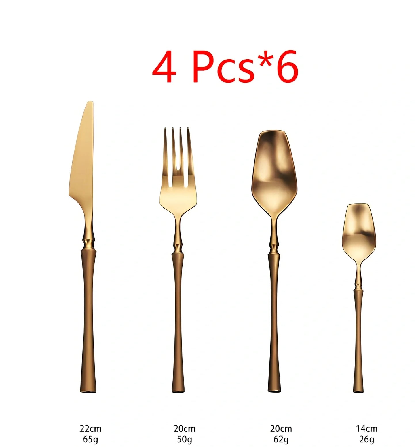 Four-piece stainless steel cutlery set showing main knife, fork, spoon, and teaspoon with mirror finish