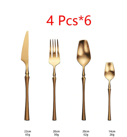Four-piece stainless steel cutlery set showing main knife, fork, spoon, and teaspoon with mirror finish