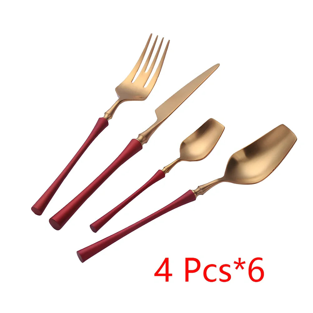Four-piece stainless steel cutlery set showing main knife, fork, spoon, and teaspoon with mirror finish