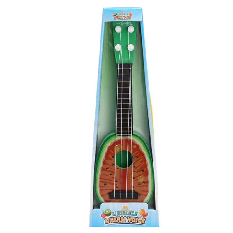 Plastic simulation ukulele toy for children in retro guitar style, 38cm long.