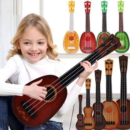 Plastic simulation ukulele toy for children in retro guitar style, 38cm long.