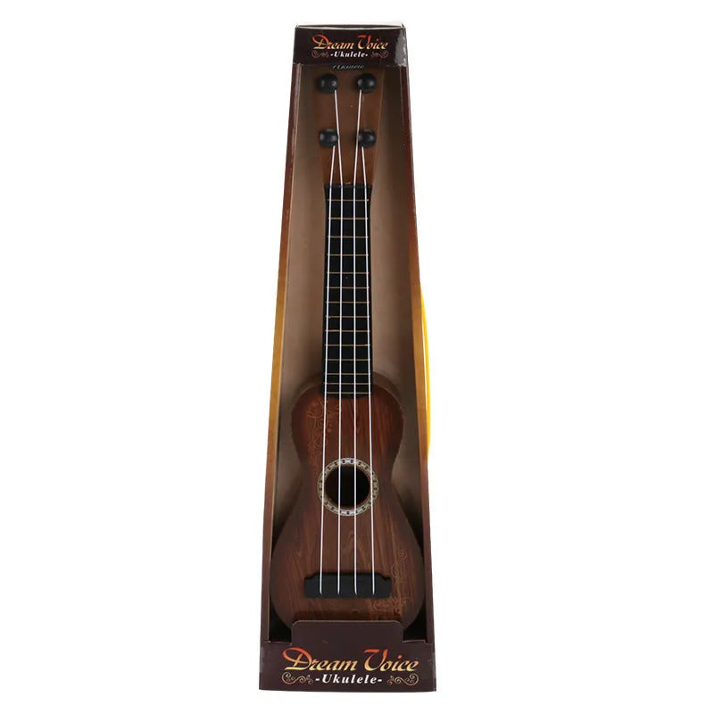 Plastic simulation ukulele toy for children in retro guitar style, 38cm long.