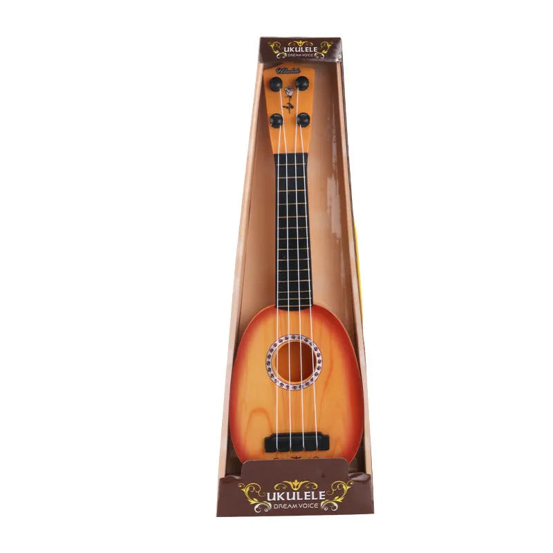 Simulation ukulele musical toy for children with realistic plastic construction, measuring 38cm long by 9.8cm wide, designed as a retro guitar toy for early interest and training in a choice of seven colour styles.