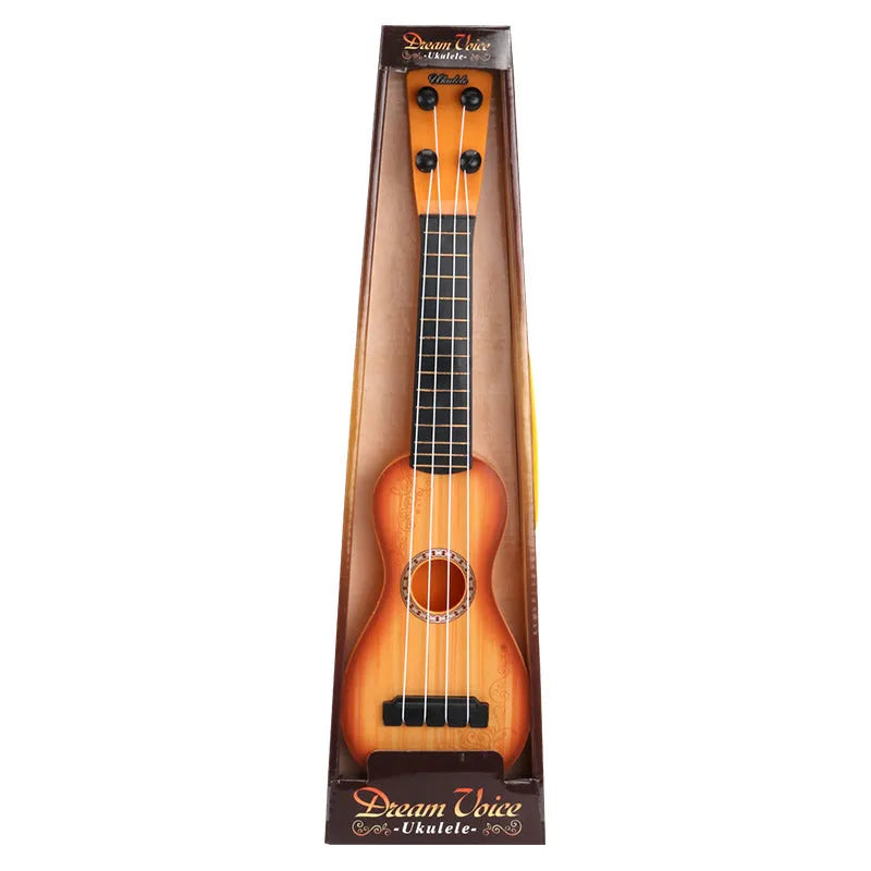 Plastic simulation ukulele toy for children in retro guitar style, 38cm long.