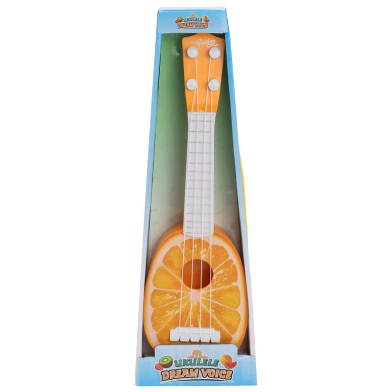 Plastic simulation ukulele toy for children in retro guitar style, 38cm long.