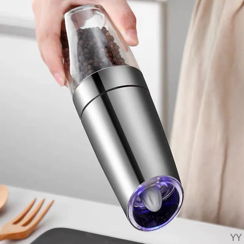 Electric Gravity Pepper Grinder Salt Grinder with Adjustable Ceramic Grinder, Automatic Operation via Inversion, Blue LED Light, Large Acrylic Spice Container, Modern Matte Black or Electroplated Silver Finish