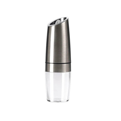 Modern electric gravity pepper grinder in matte black with adjustable ceramic mill and blue LED light on.