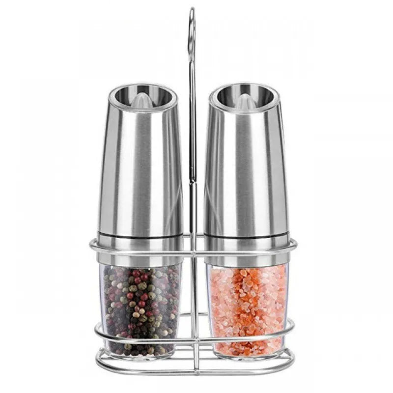 Modern electric gravity pepper grinder in matte black with adjustable ceramic mill and blue LED light on.
