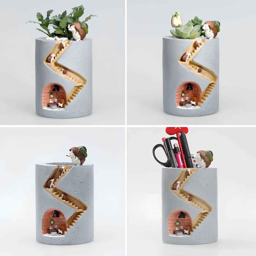Resin cartoon succulent pot with hedgehog design measuring 15cm diameter for desktop gardening