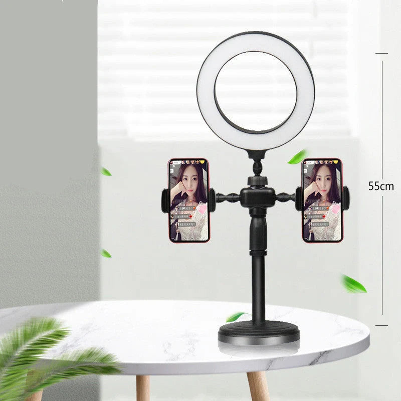Live streaming phone holder with dimmable LED ring light and adjustable stand