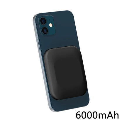 MagSafe-compatible magnetic wireless power bank in black showing 15W wireless charging and USB-C port