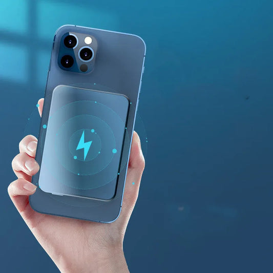Silver aluminium wireless magnetic charging power bank showing USB-C port and dimensions 64mm × 96mm × 12mm