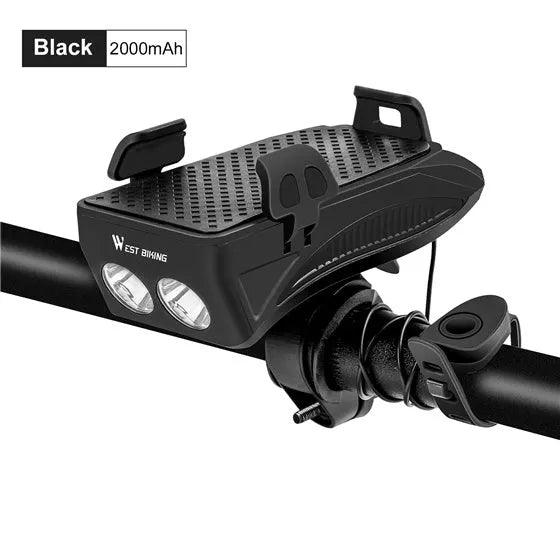 Bicycle mobile phone holder with electric bell horn and front light, compatible with 4-6.5 inch phones