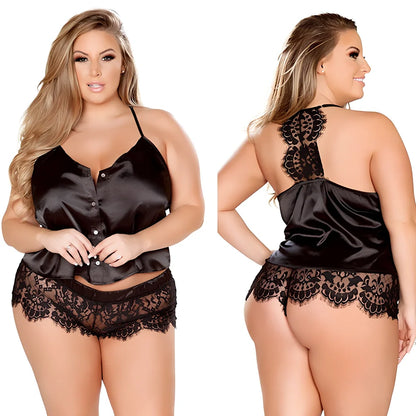 Black ladies lace lingerie set with sleeveless design and round neckline
