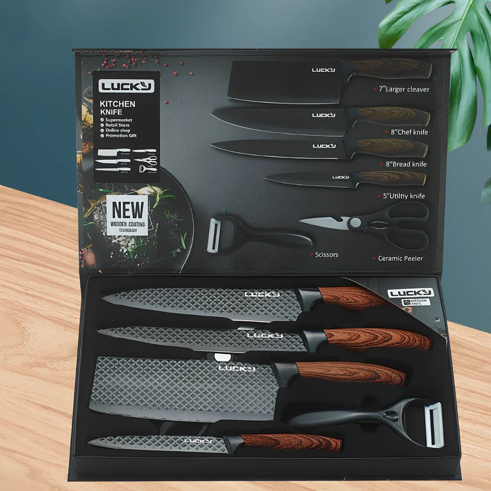 Six-piece stainless steel knife set with wheat straw handles and anti-rust blades
