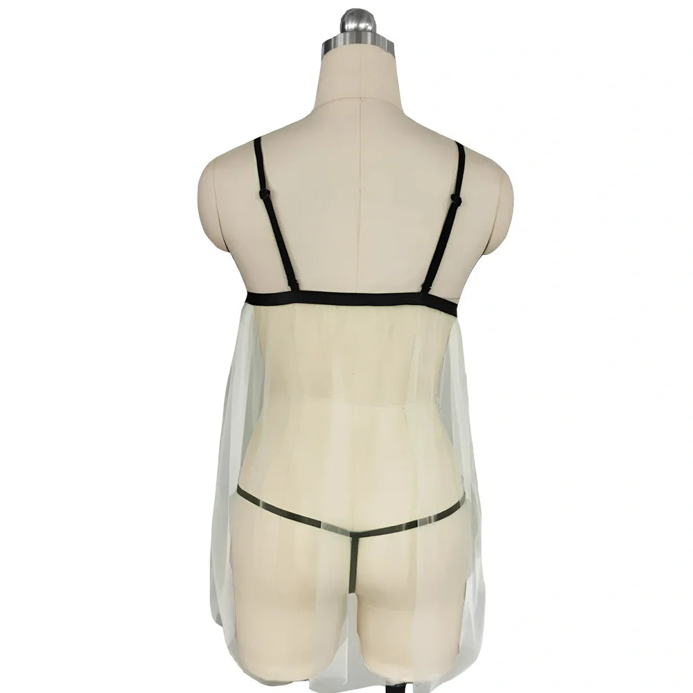 Beige mesh suspender skirt with embroidered V-neck and coordinating thong in plus-size options