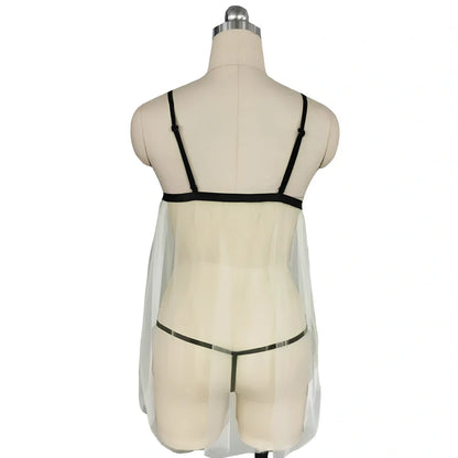 Beige mesh suspender skirt with embroidered V-neck and coordinating thong in plus-size options