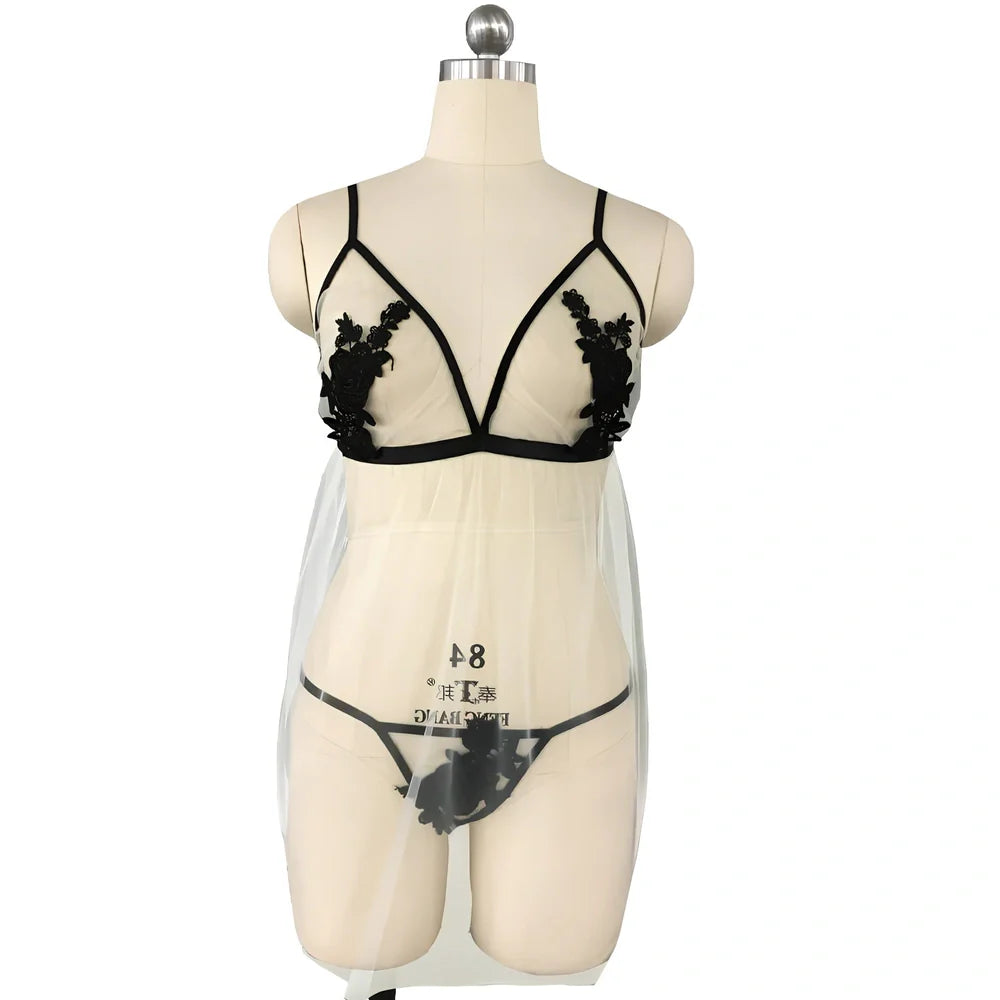 Beige mesh suspender skirt with embroidered V-neck and coordinating thong in plus-size options