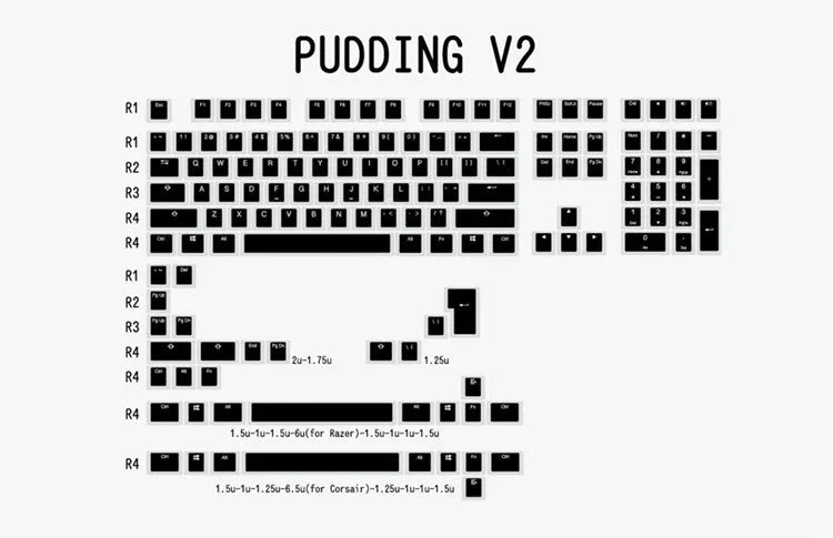 Pudding V2 doubleshot PBT mechanical keyboard keycaps with white/black retro colourway and translucent legends for backlit keyboards