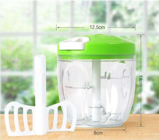 Green manual kitchen chopper with three stainless steel blades and 500ml capacity container