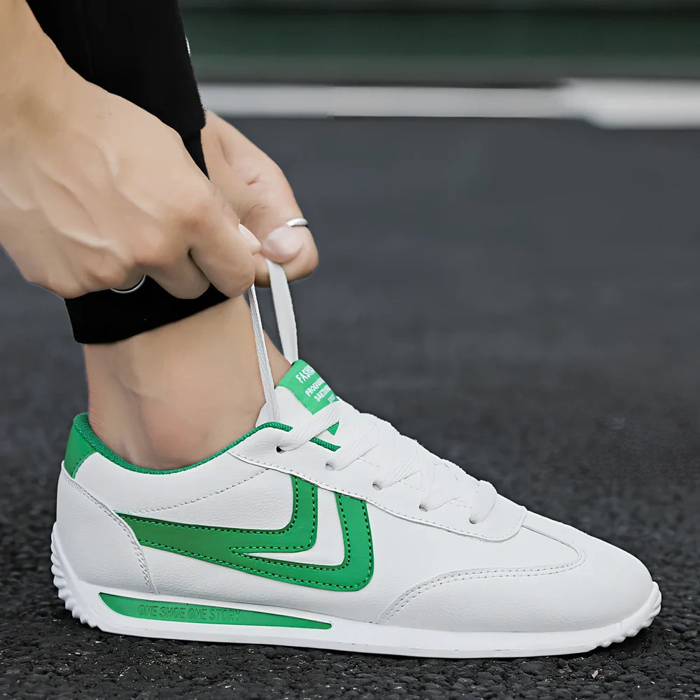 Men's Korean style breathable white shoes with round toe, flat 1-3cm heel, rubber sole, 0.8kg, available in black, orange, green accents