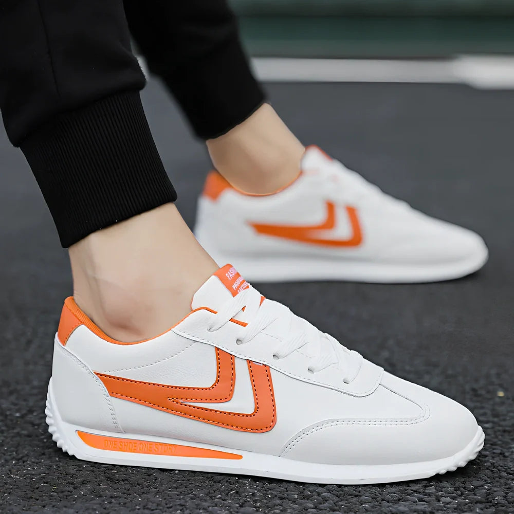 Men's Korean style breathable white shoes with round toe, flat 1-3cm heel, rubber sole, 0.8kg, available in black, orange, green accents