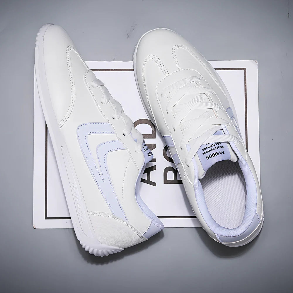 Men's Korean style breathable white shoes with round toe, flat 1-3cm heel, rubber sole, 0.8kg, available in black, orange, green accents