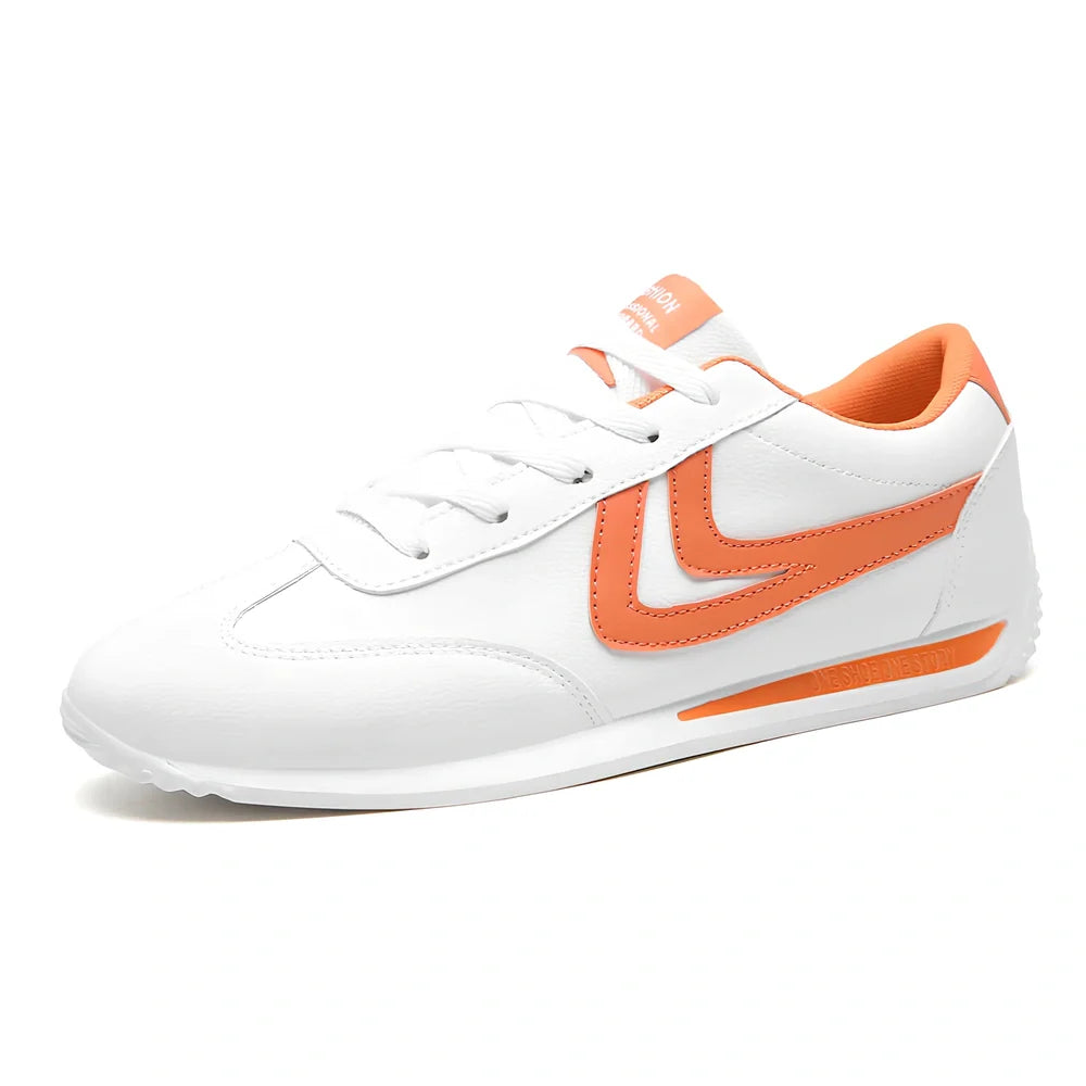 Men's Korean style breathable white shoes with round toe, flat 1-3cm heel, rubber sole, 0.8kg, available in black, orange, green accents